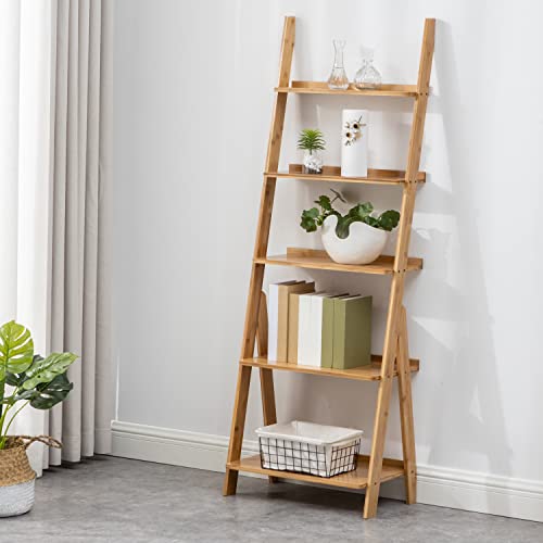 Maydear Bamboo Ladder Shelf, 5-Tier Trapezoid Bookshelf, Storage Rack Shelves, Wall Shelf Flower Stand, for Living Room, Kitchen, Office, Balcony - Wood Color