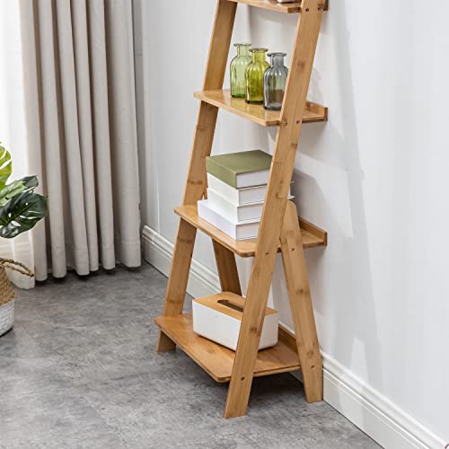 Maydear Bamboo Ladder Shelf, 5-Tier Trapezoid Bookshelf, Storage Rack Shelves, Wall Shelf Flower Stand, for Living Room, Kitchen, Office, Balcony - Wood Color