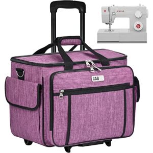 cab55 rolling sewing machine case, detachable rolling sewing machine carrying case on wheels, trolley tote bag with removable bottom wooden board for most standard sewing machine -purple