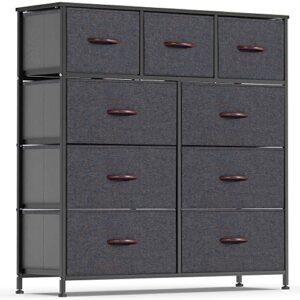 dhmaker fabric dresser for bedroom, vertical storage tower with 9 drawers for nursery, entryway, closets, organizer unit with steel frame, wood top, easy pull textured fabric bins - dark indigo
