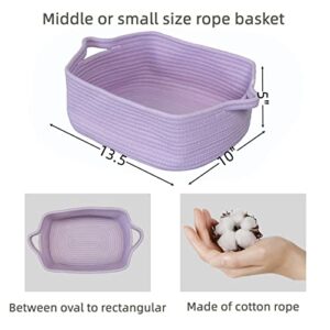 Woven Cotton Rope Storage Basket with Handles for Organizing Shelves Closet Small Cat Dog Pet Toy Basket Box Bin Decorative Rectangle Baby Nursery Basket Gift Basket Empty(Light Purple)