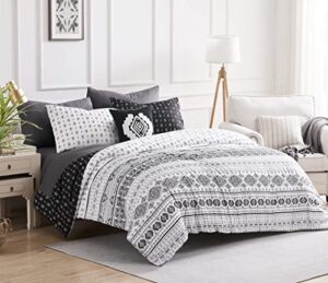 geniospin boho queen comforter set, boho bed in a bag 8-pieces bedding set, reversible aztec pattern, design with soft microfiber, lightweight, warm and breathable (white and black, 90x90 inches)
