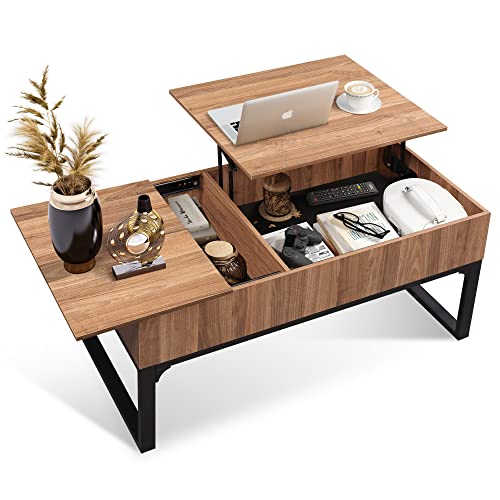 WLIVE Lift Top Coffee Table for Living Room,Modern Wood Coffee Table with Storage,Hidden Compartment and Drawer for Apartment, Home, Retro, Walnut Oak.