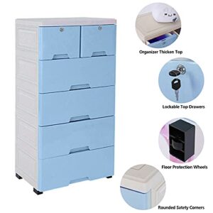 Plastic Drawers Dresser, 19.7x13.8x40.1" Furniture Storage Tower Unit with Wheel Furniture Storage Tower Unit Closet Drawers Tall Dresser Organizer, for Clothes,Playroom,Bedroom - 6 Drawer (Blue)