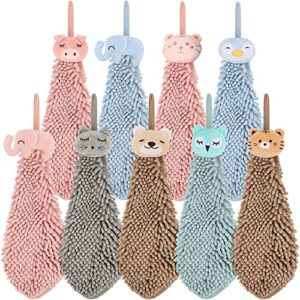 9 pack cute chenille soft hanging hand towels, funny cartoon animal hand towel with hanging loop, kids hand towel set absorbent thick kitchen bathroom towels bulk, 5 colors