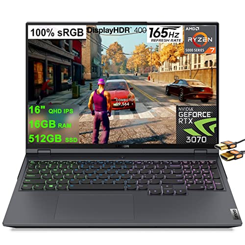 Lenovo Legion 5 Pro 16 Gaming Laptop 16" QHD IPS 165Hz (500 nits, HDR400, 100% sRGB) AMD 8-Core Ryzen 7 5800H (Beats i7-10870H) 16GB RAM 512GB SSD GeForce RTX 3070 8GB Backlit USB-C Win11(Renewed)