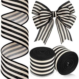 2 rolls 20 yard black and white stripes wired edge ribbon rustic ivory ribbon boho ribbon for diy crafts home decor gift wrapping bow wreath making christmas wedding party decorations (2 inch)