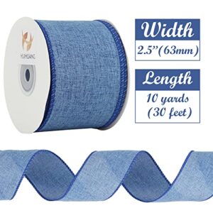 HUIHUANG Wired Ribbon Denim Blue for Wreaths 2-1/2 inch Blue Craft Ribbon Wired Edge Burlap Ribbon for Bows, Crafts, Garland, Swags, Tree Decoration, Gift Wrapping, Home Decor -10 Yards (30 feet)