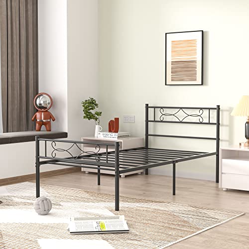 VECELO Twin Size Bed Frame Metal Platform/Mattress Foundation with headboard Footboard/Steel Slat Support/No Box Spring Needed/Easy Assembly