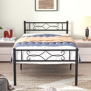 vecelo twin size bed frame metal platform/mattress foundation with headboard footboard/steel slat support/no box spring needed/easy assembly