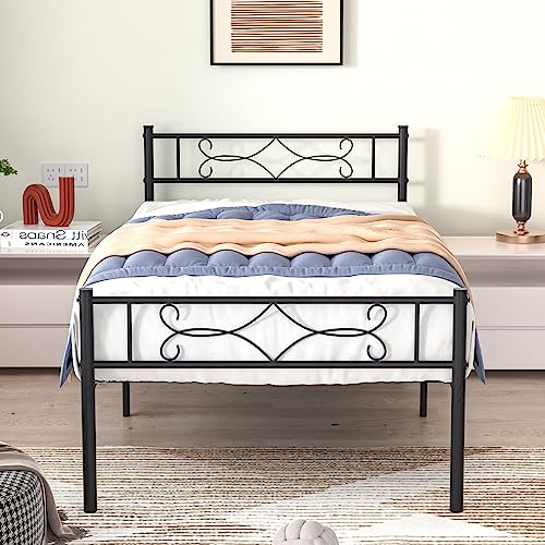 VECELO Twin Size Bed Frame Metal Platform/Mattress Foundation with headboard Footboard/Steel Slat Support/No Box Spring Needed/Easy Assembly