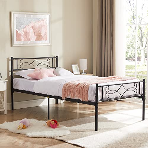 VECELO Twin Size Bed Frame Metal Platform/Mattress Foundation with headboard Footboard/Steel Slat Support/No Box Spring Needed/Easy Assembly