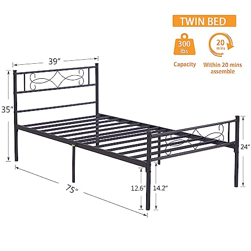 VECELO Twin Size Bed Frame Metal Platform/Mattress Foundation with headboard Footboard/Steel Slat Support/No Box Spring Needed/Easy Assembly