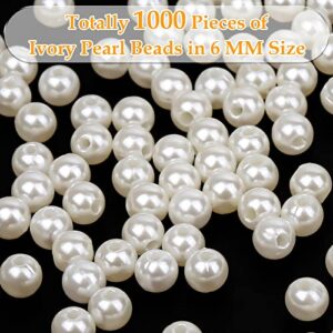 anezus Pearl Beads for Craft, 1000pcs Ivory Faux Fake Pearls, 6 mm Small Sew on Pearl Beads with Holes for Jewelry Making, Bracelets, Necklaces, Hairs, Crafts, Decoration and Vase Filler