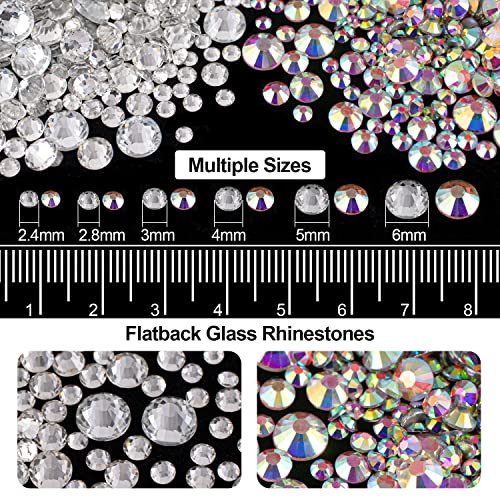 4000PCS Flatback Rhinestones and Half Round Pearls Kit #1, Multi Size Glass Clear & AB Crystals, Plastic Flat Back White AB & Beige AB Dome Bead with Pickup Pencil and Tweezer for Nail Art