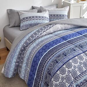 flysheep bohemian striped bed in a bag 7 pieces queen size, boho blue grey geometric pattern reversible bed comforter set (1 comforter, 1 flat sheet, 1 fitted sheet, 2 pillow shams, 2 pillowcases)