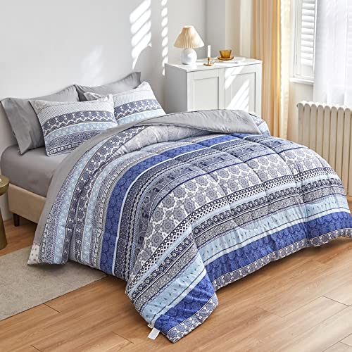 Flysheep Bohemian Striped Bed in a Bag 7 Pieces Queen Size, Boho Blue Grey Geometric Pattern Reversible Bed Comforter Set (1 Comforter, 1 Flat Sheet, 1 Fitted Sheet, 2 Pillow Shams, 2 Pillowcases)