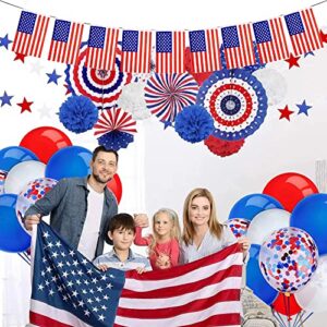 35 Pcs Patriotic Party Decorations Set, 4th of July American Flag Independence Day Party Supplies, Blue Red White Confetti Balloons, Paper Fans, Pompoms, USA Flag Pennant Bunting, Star Confetti, Star Streamers