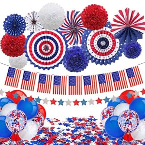 35 pcs patriotic party decorations set, 4th of july american flag independence day party supplies, blue red white confetti balloons, paper fans, pompoms, usa flag pennant bunting, star confetti, star streamers