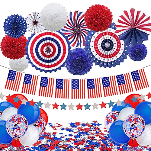 35 Pcs Patriotic Party Decorations Set, 4th of July American Flag Independence Day Party Supplies, Blue Red White Confetti Balloons, Paper Fans, Pompoms, USA Flag Pennant Bunting, Star Confetti, Star Streamers