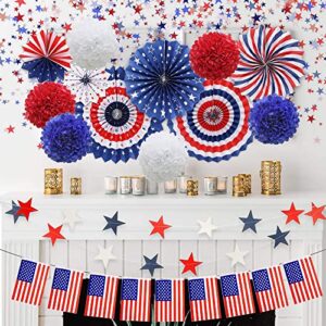 35 Pcs Patriotic Party Decorations Set, 4th of July American Flag Independence Day Party Supplies, Blue Red White Confetti Balloons, Paper Fans, Pompoms, USA Flag Pennant Bunting, Star Confetti, Star Streamers