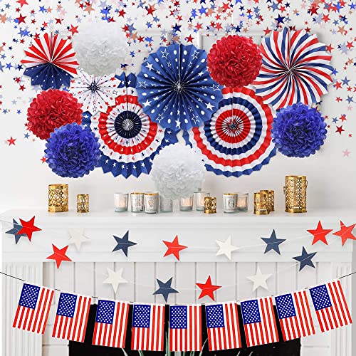 35 Pcs Patriotic Party Decorations Set, 4th of July American Flag Independence Day Party Supplies, Blue Red White Confetti Balloons, Paper Fans, Pompoms, USA Flag Pennant Bunting, Star Confetti, Star Streamers