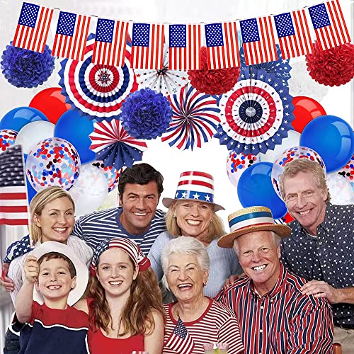 35 Pcs Patriotic Party Decorations Set, 4th of July American Flag Independence Day Party Supplies, Blue Red White Confetti Balloons, Paper Fans, Pompoms, USA Flag Pennant Bunting, Star Confetti, Star Streamers