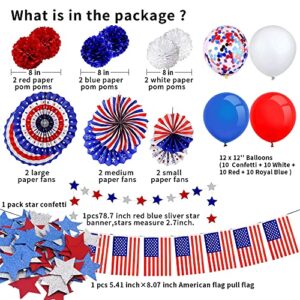 35 Pcs Patriotic Party Decorations Set, 4th of July American Flag Independence Day Party Supplies, Blue Red White Confetti Balloons, Paper Fans, Pompoms, USA Flag Pennant Bunting, Star Confetti, Star Streamers