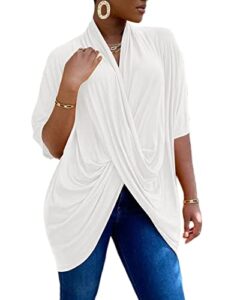 lyaner women's wrap v neck ruched short sleeve split hem blouse shirt tunic top white large