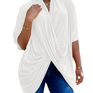 LYANER Women's Wrap V Neck Ruched Short Sleeve Split Hem Blouse Shirt Tunic Top White Large