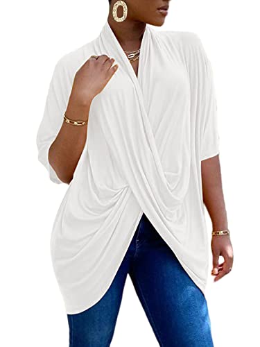 LYANER Women's Wrap V Neck Ruched Short Sleeve Split Hem Blouse Shirt Tunic Top White Large