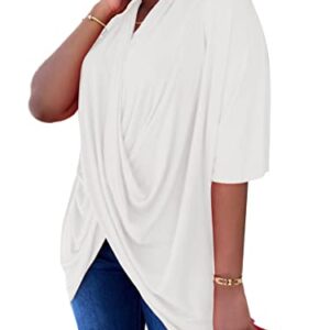 LYANER Women's Wrap V Neck Ruched Short Sleeve Split Hem Blouse Shirt Tunic Top White Large