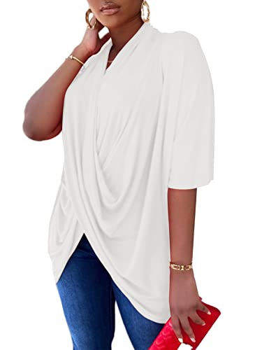 LYANER Women's Wrap V Neck Ruched Short Sleeve Split Hem Blouse Shirt Tunic Top White Large