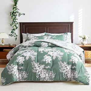 flysheep floral bed in a bag queen size 7 pieces, white and emerald green botanical reversible comforter bedding set(1 comforter, 1 flat sheet, 1 fitted sheet, 2 pillow shams, 2 pillowcases)