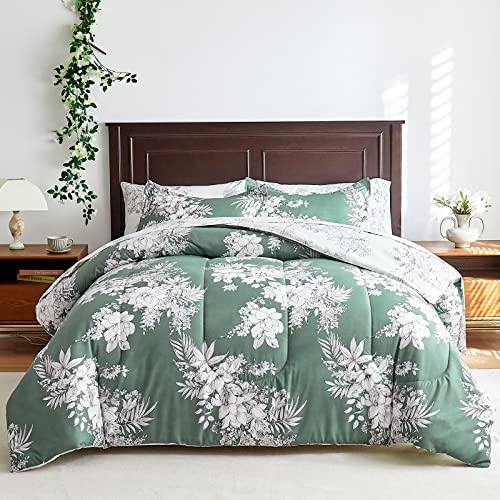 FlySheep Floral Bed in a Bag Queen Size 7 Pieces, White and Emerald Green Botanical Reversible Comforter Bedding Set(1 Comforter, 1 Flat Sheet, 1 Fitted Sheet, 2 Pillow Shams, 2 Pillowcases)