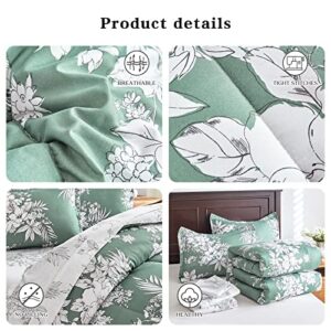 FlySheep Floral Bed in a Bag Queen Size 7 Pieces, White and Emerald Green Botanical Reversible Comforter Bedding Set(1 Comforter, 1 Flat Sheet, 1 Fitted Sheet, 2 Pillow Shams, 2 Pillowcases)