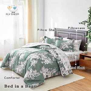 FlySheep Floral Bed in a Bag Queen Size 7 Pieces, White and Emerald Green Botanical Reversible Comforter Bedding Set(1 Comforter, 1 Flat Sheet, 1 Fitted Sheet, 2 Pillow Shams, 2 Pillowcases)