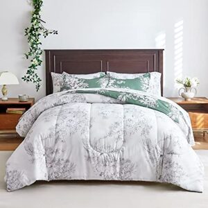 FlySheep Floral Bed in a Bag Queen Size 7 Pieces, White and Emerald Green Botanical Reversible Comforter Bedding Set(1 Comforter, 1 Flat Sheet, 1 Fitted Sheet, 2 Pillow Shams, 2 Pillowcases)