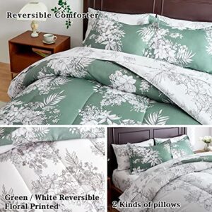 FlySheep Floral Bed in a Bag Queen Size 7 Pieces, White and Emerald Green Botanical Reversible Comforter Bedding Set(1 Comforter, 1 Flat Sheet, 1 Fitted Sheet, 2 Pillow Shams, 2 Pillowcases)