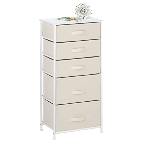 mDesign Steel Frame, Wood Top, Tall Dresser Drawer Organizer Storage Tower, Small Chest Furniture Unit for Bedroom, Hallway, Closet, and Entryway 5 Fabric Bins w/Handle, Jane Collection - Cream/White