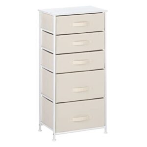 mDesign Steel Frame, Wood Top, Tall Dresser Drawer Organizer Storage Tower, Small Chest Furniture Unit for Bedroom, Hallway, Closet, and Entryway 5 Fabric Bins w/Handle, Jane Collection - Cream/White