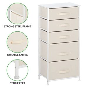 mDesign Steel Frame, Wood Top, Tall Dresser Drawer Organizer Storage Tower, Small Chest Furniture Unit for Bedroom, Hallway, Closet, and Entryway 5 Fabric Bins w/Handle, Jane Collection - Cream/White