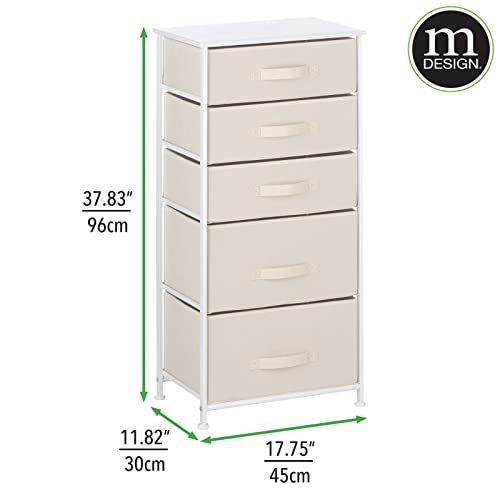 mDesign Steel Frame, Wood Top, Tall Dresser Drawer Organizer Storage Tower, Small Chest Furniture Unit for Bedroom, Hallway, Closet, and Entryway 5 Fabric Bins w/Handle, Jane Collection - Cream/White