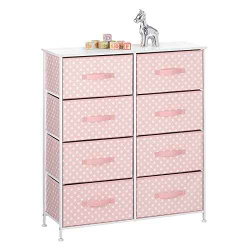 mDesign 38.31" High Steel Frame/Wood Top Storage Dresser Furniture, 8 Fabric Drawers, Large Bureau Organizer for Baby, Kid, Teen Bedroom, Nursery, Playroom, Dorm, Pink/White Polka Dot