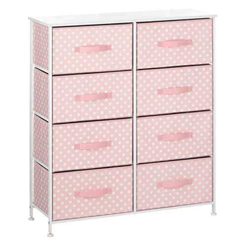 mDesign 38.31" High Steel Frame/Wood Top Storage Dresser Furniture, 8 Fabric Drawers, Large Bureau Organizer for Baby, Kid, Teen Bedroom, Nursery, Playroom, Dorm, Pink/White Polka Dot