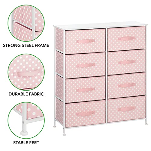 mDesign 38.31" High Steel Frame/Wood Top Storage Dresser Furniture, 8 Fabric Drawers, Large Bureau Organizer for Baby, Kid, Teen Bedroom, Nursery, Playroom, Dorm, Pink/White Polka Dot