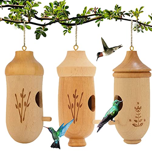 2023 Bird houses- Natural Wooden for Outside Hanging, hummingbird Swinging Nest for Garden Window Outdoor Home, 3 Packs