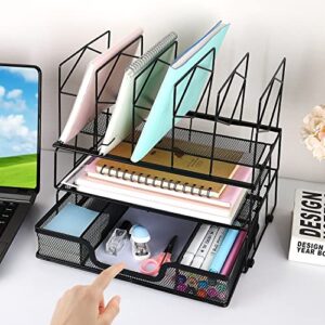 gianotter Desk Organizers and Accessories, Office Supplies Desk Organizer with Sliding Drawer, Double Tray and 5 Upright Sections (Black)