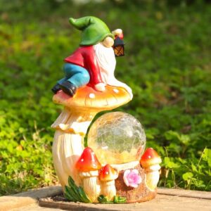 ovewios garden gnome statue, garden statues gnome climb on mushroom with globe solar light, lawn ornaments outdoor decor for patio yard porch gifts