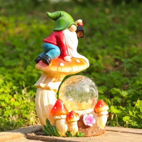 Ovewios Garden Gnome Statue, Garden Statues Gnome Climb on Mushroom with Globe Solar Light, Lawn Ornaments Outdoor Decor for Patio Yard Porch Gifts